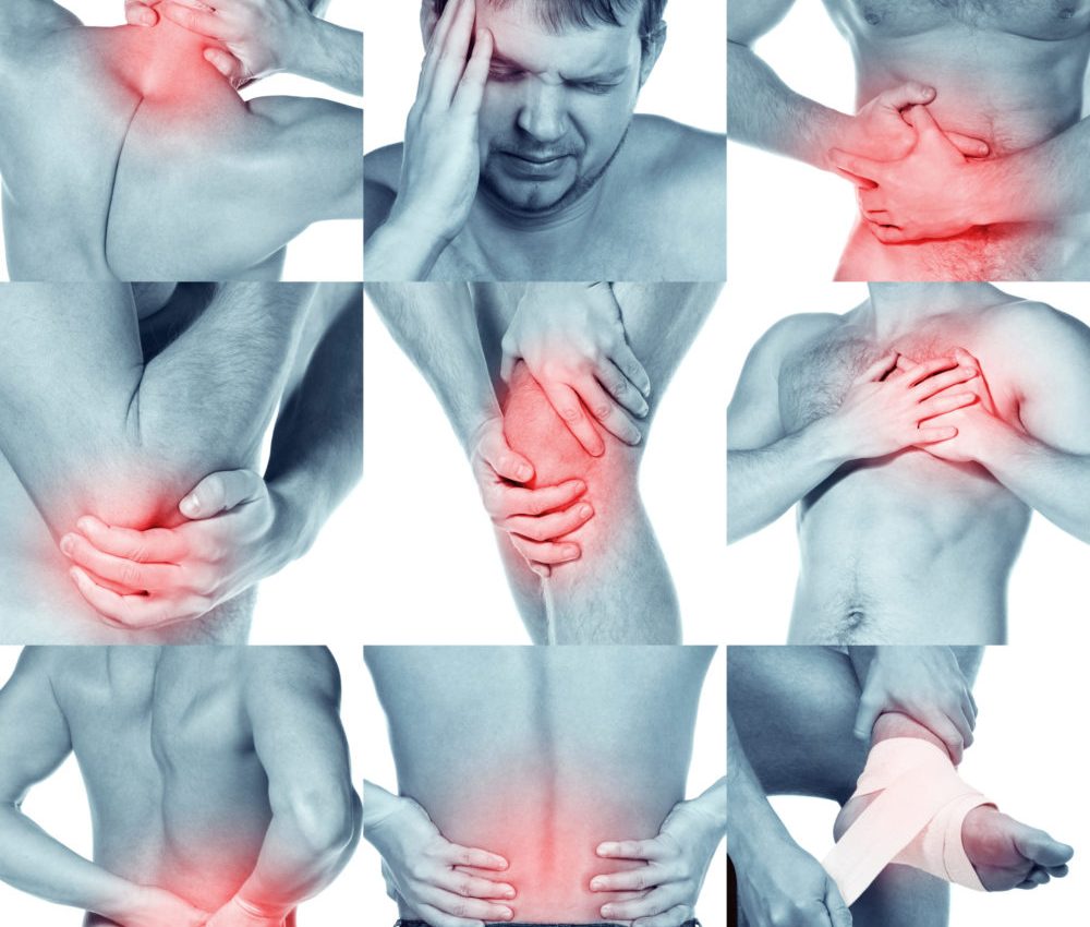 Pain in a male body isolated white background. Collage